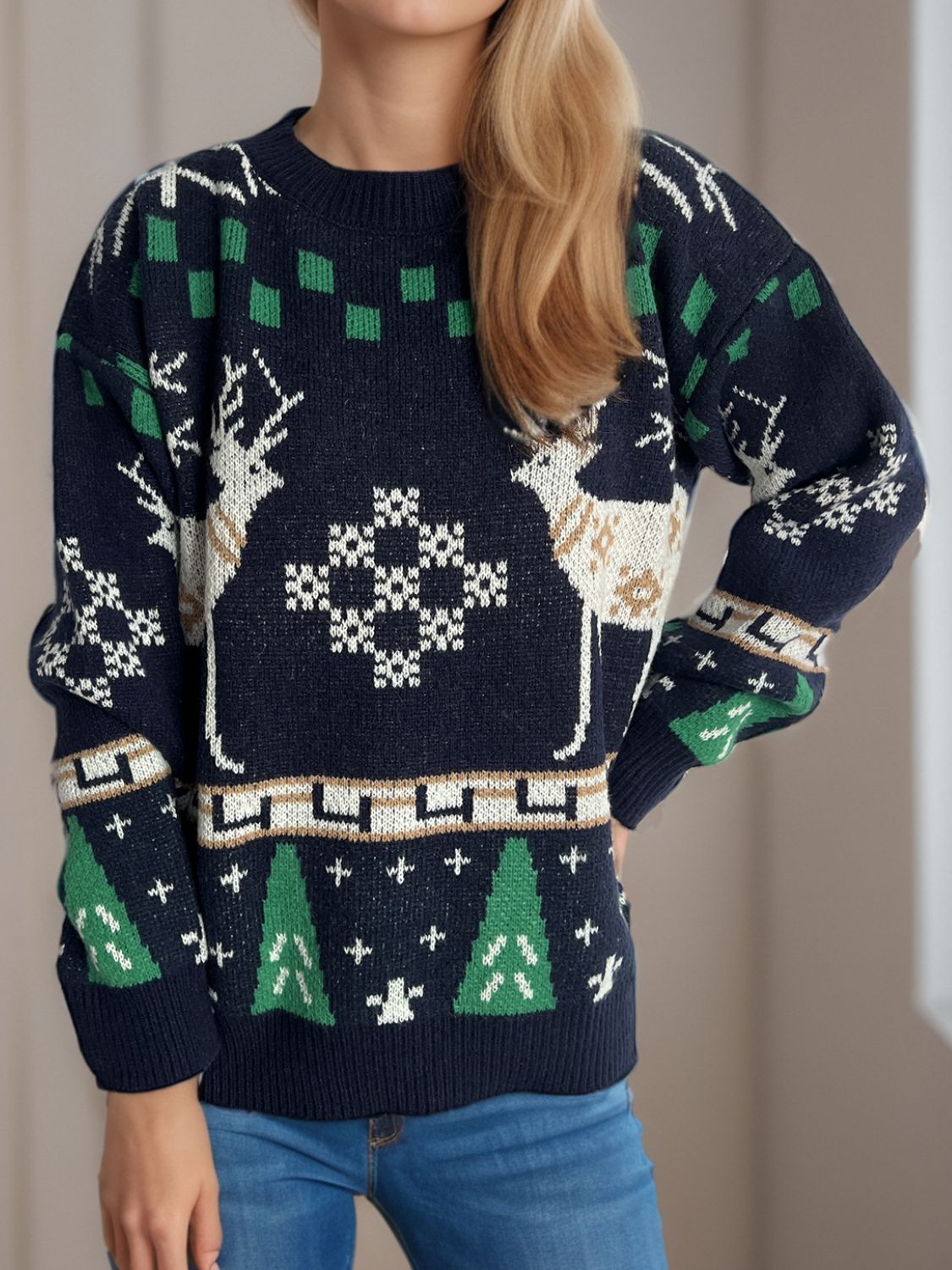 Pull de Noël à col rond et manches longues avec motif de renne