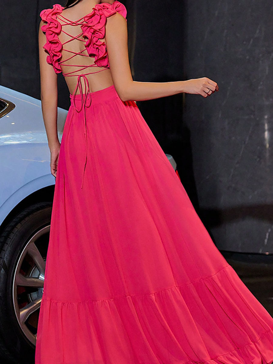 Onbely robe de soirée maxi longue en mousseline dos nu pour un bal de promo ou un mariage