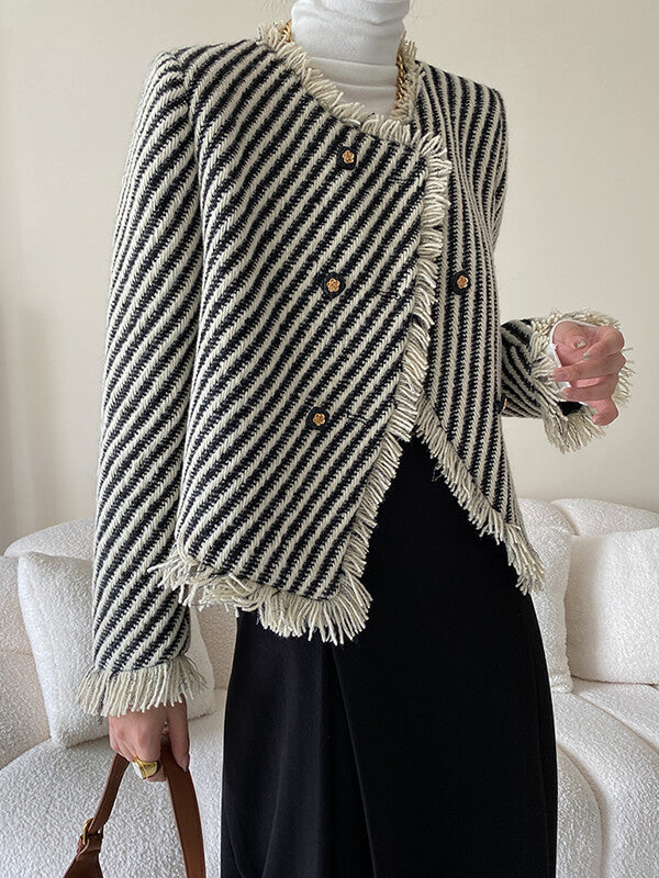 Onbely veste courte rayée en tweed avec frange et poches pour femme élégante
