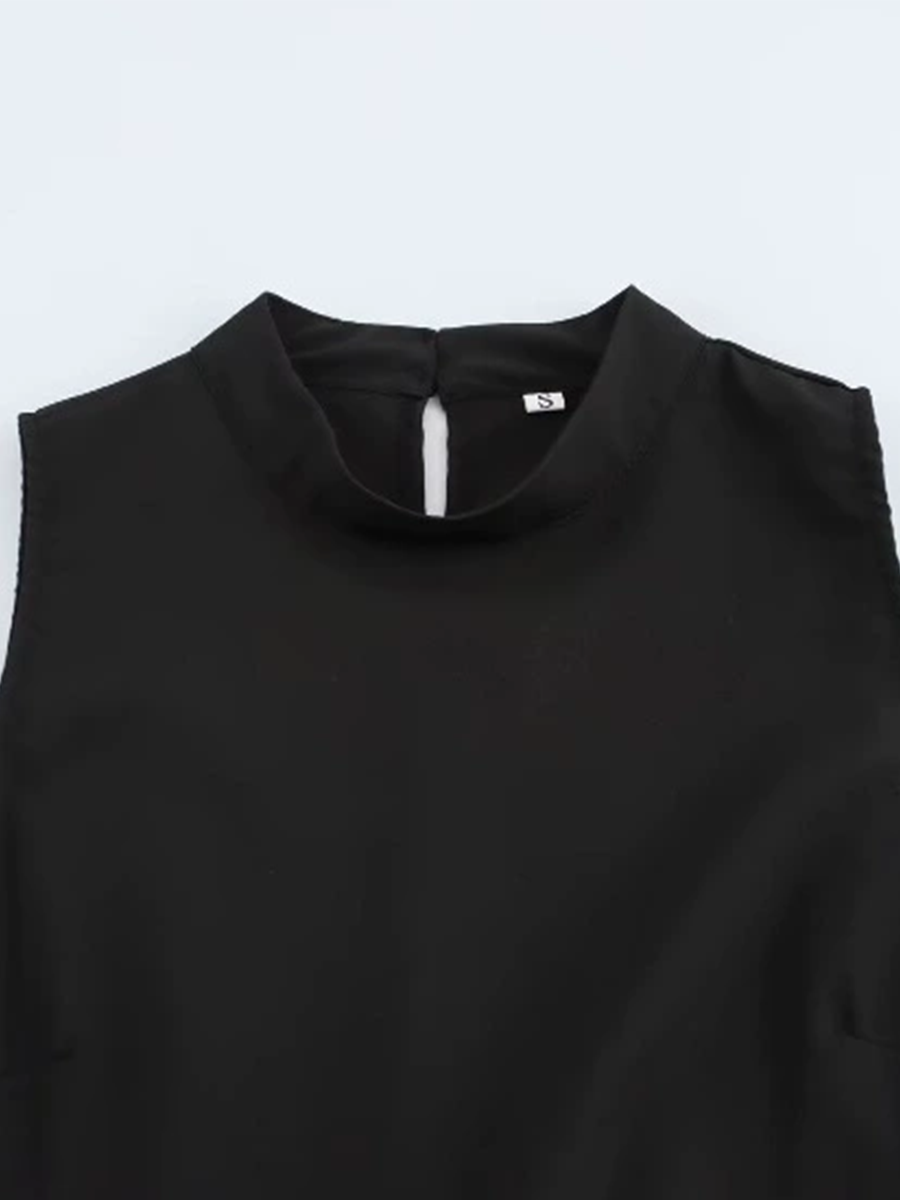 Onbely Robe Midi Bicolore noir et blanc plissé Sans Manches col rond Cocktail