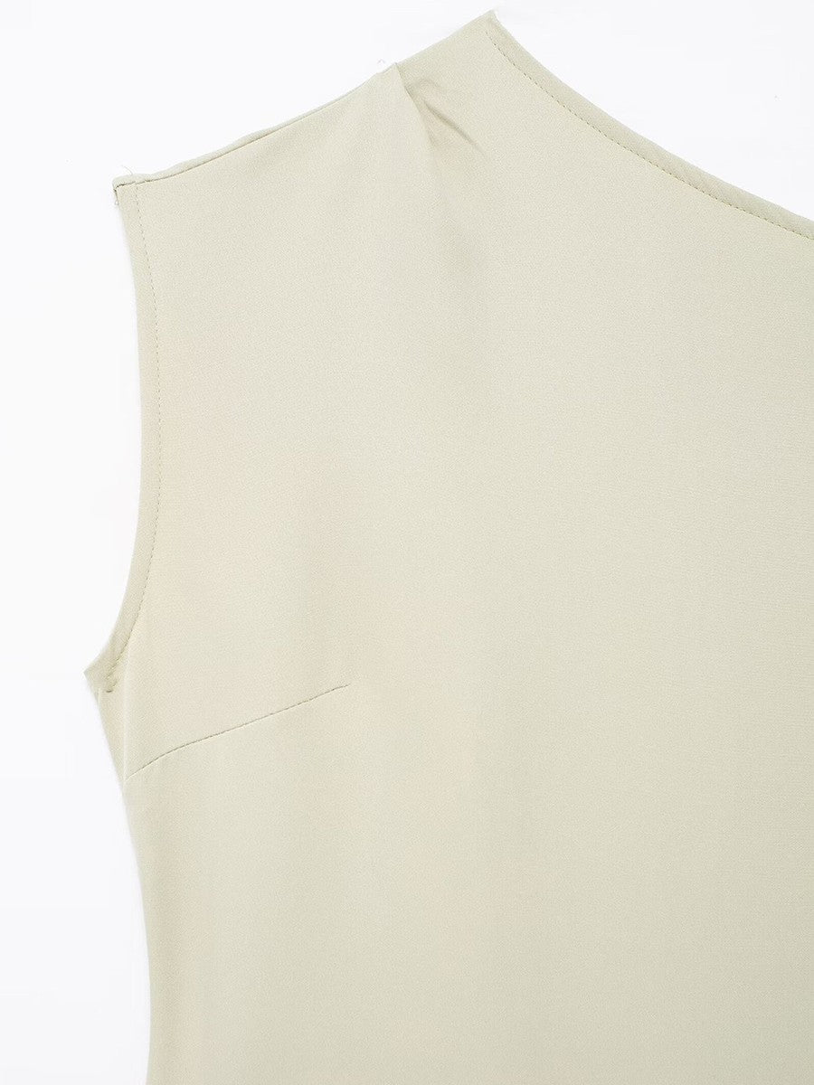 Onbely robe longue trapèze unicolore plissé col asymétrique mode tous les jours bureau