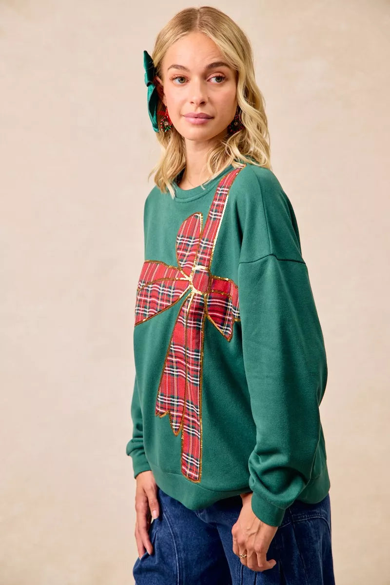 Sweat de Noël en polaire à ruban écossais et nœud décoratif