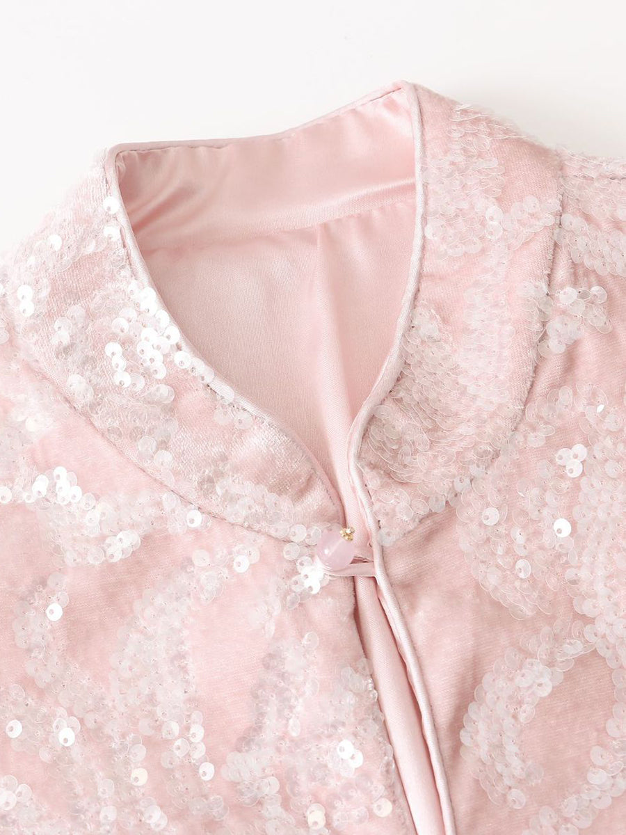 Onbely Manteau en velours rose avec col montant et manches longues en sequins scintillants
