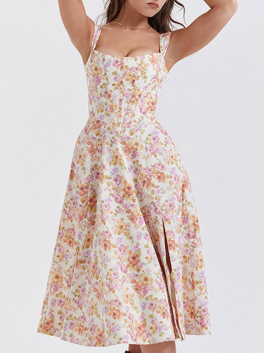 Onbely mi-longue robe trapèze imprimé à fleurie fendu le côté bustier dos nu à fines brides doux vacances tous les jours boho dress