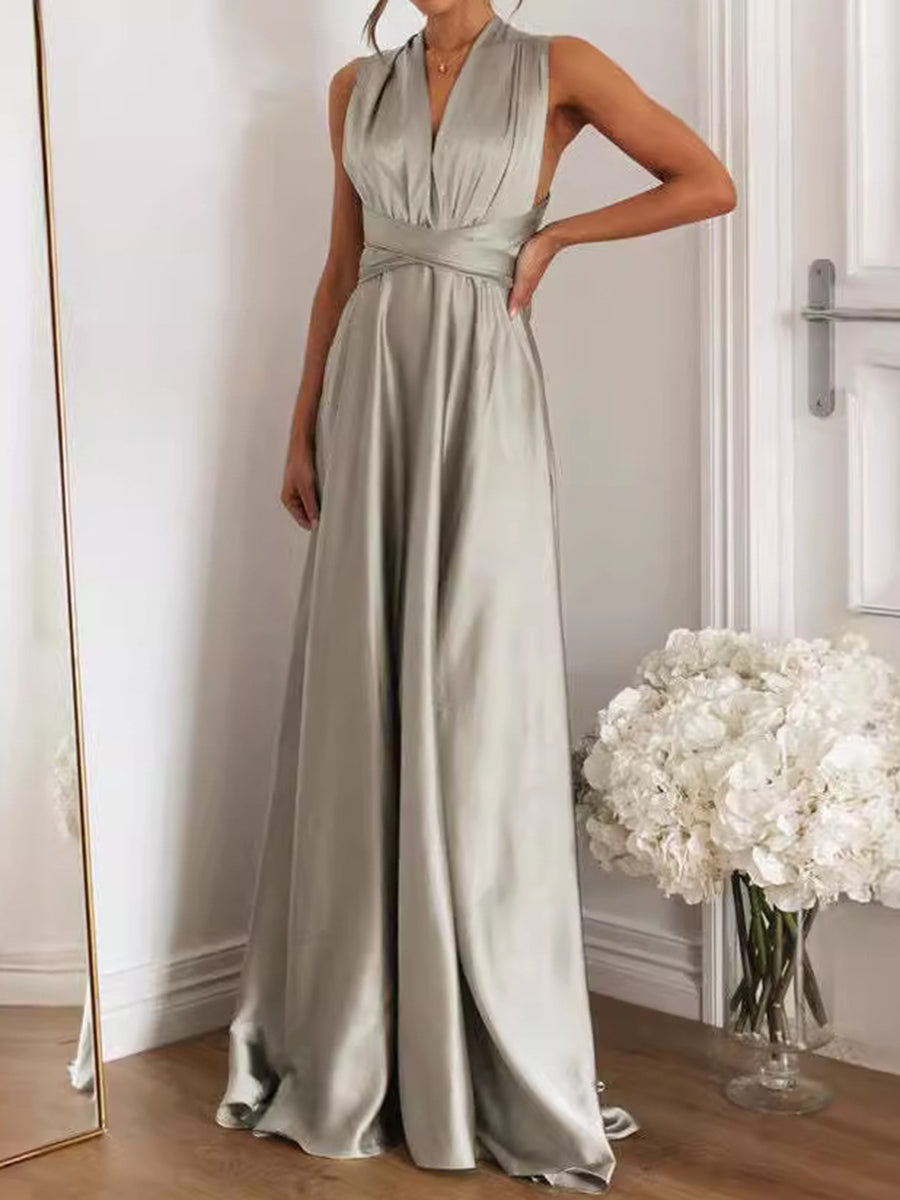 Onbely Robe de soirée longue grise à col en V et dos nu