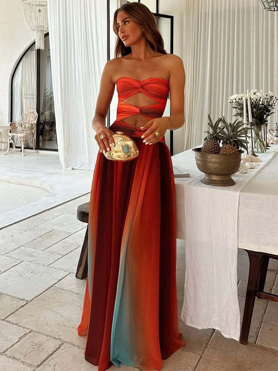 Onbely robe longue trapèze imprimé à fleurie plissé bustier col bateau mode tous les jours vacances boho dress