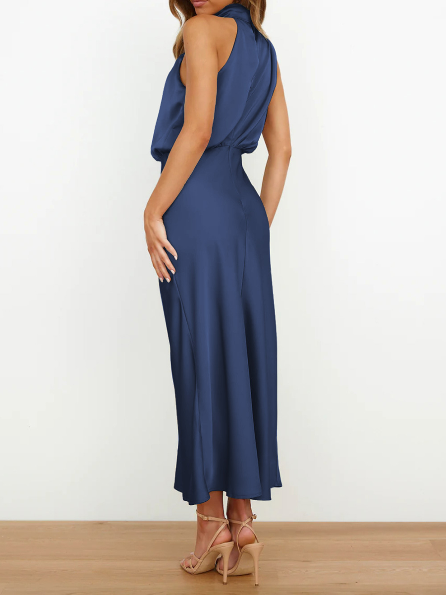 Onbely mi-longue robe unicolore satin sans manches taille haute élégant invité mariage