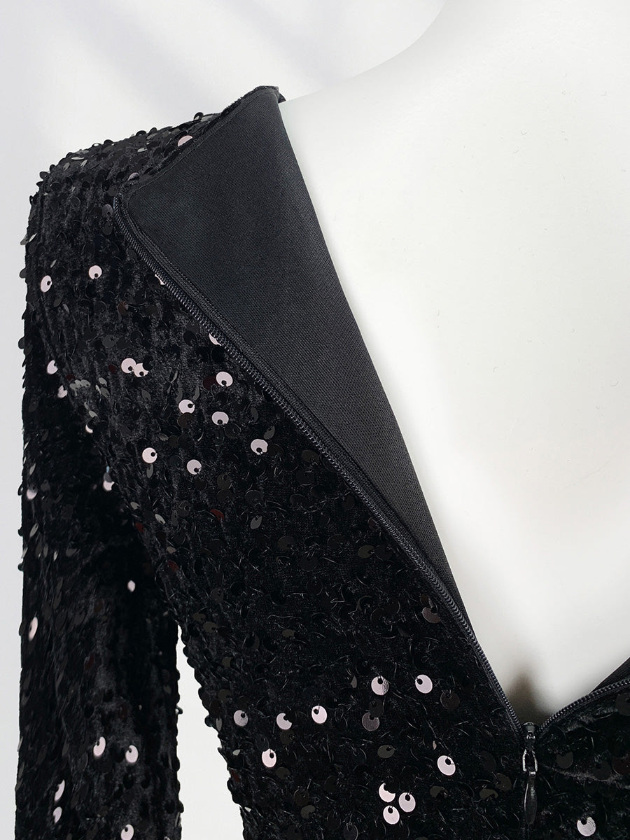 Onbely robe courte moulante velours brillante paillette Col en V cocktail