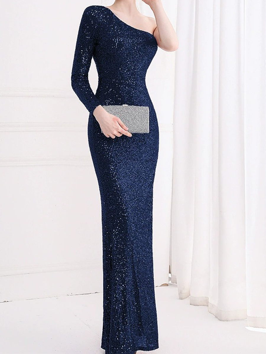Onbely robe de soirée longue moulante fendu le côté brillante paillette une épaule élégant
