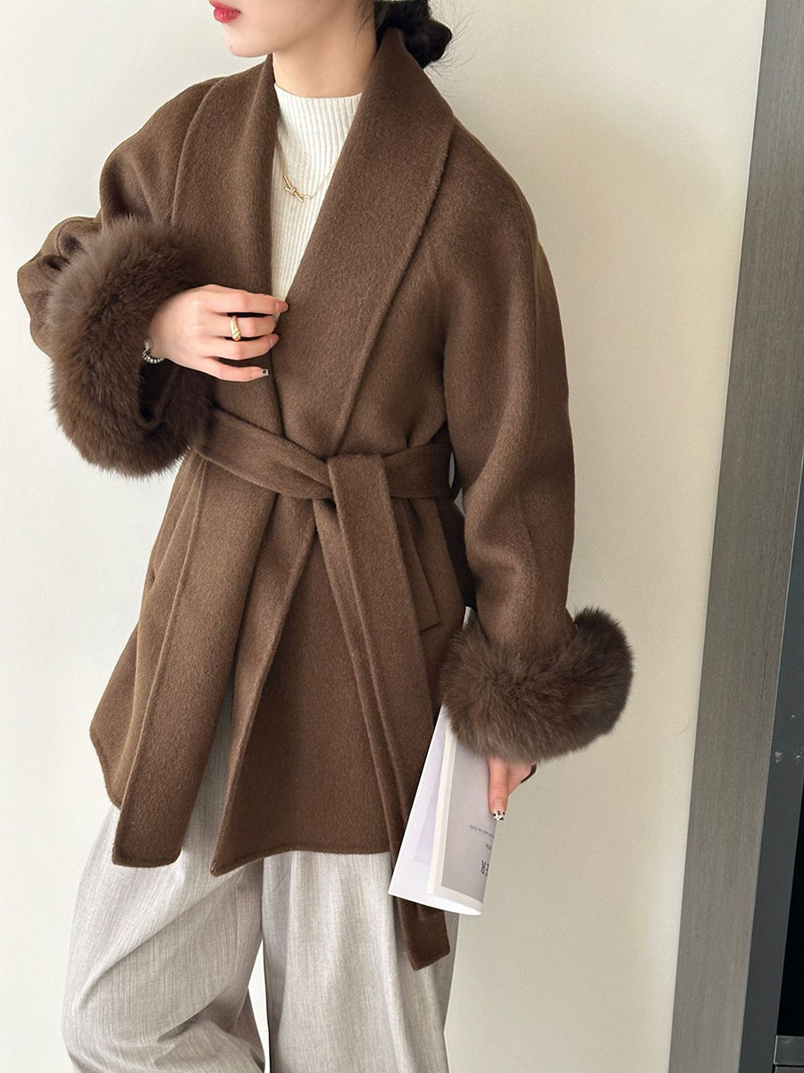 Onbely manteau en laine courte fausse fourrure avec ceinture pour femme