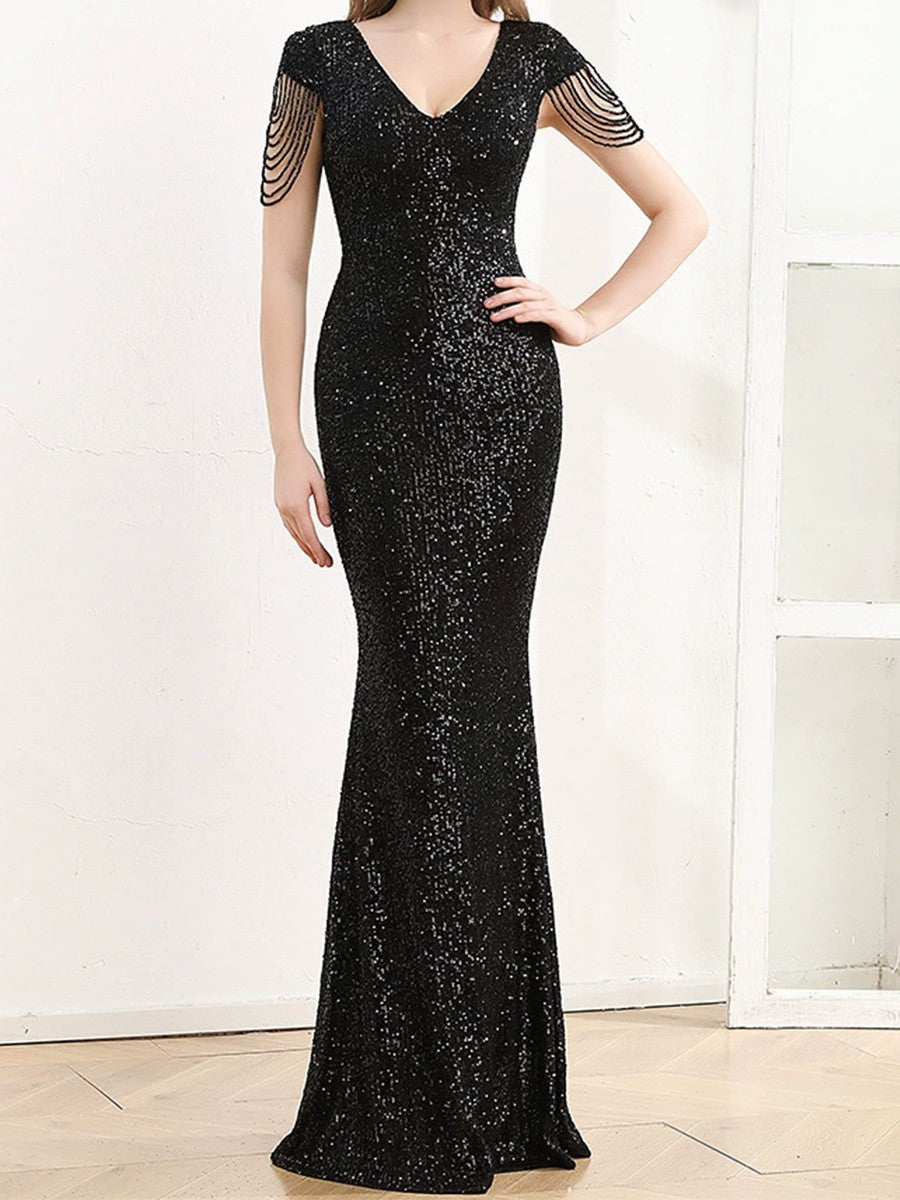 Onbely robe de soirée longue moulante sirene brillante paillette v-cou mode