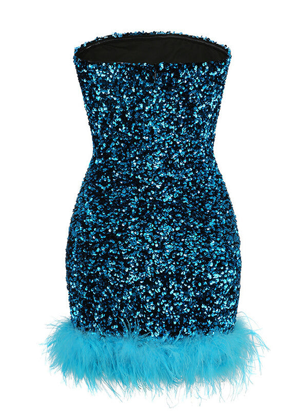 Onbely mini-robe mode brillante paillette plumes bleu - onbely