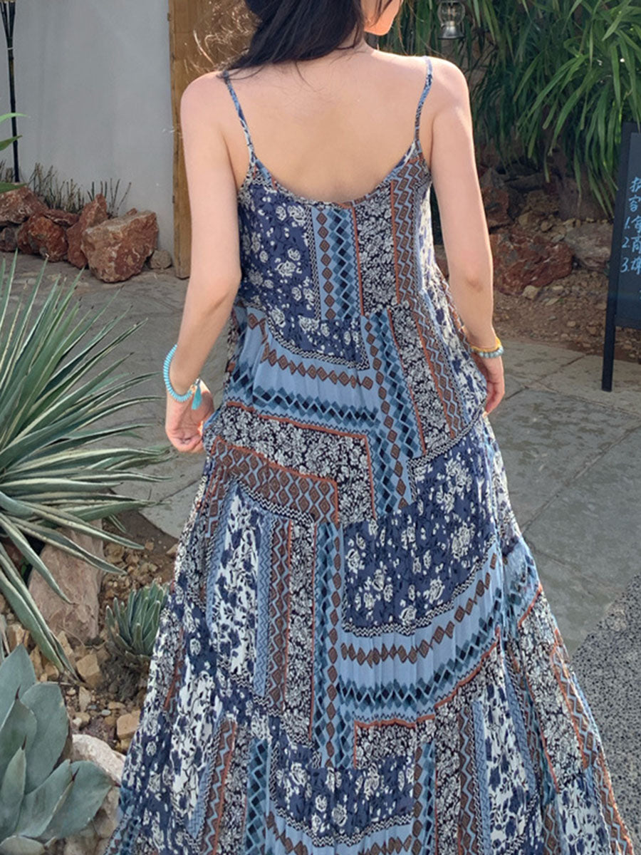Onbely robe longue imprimé à fleurie à fines brides bohème bleu