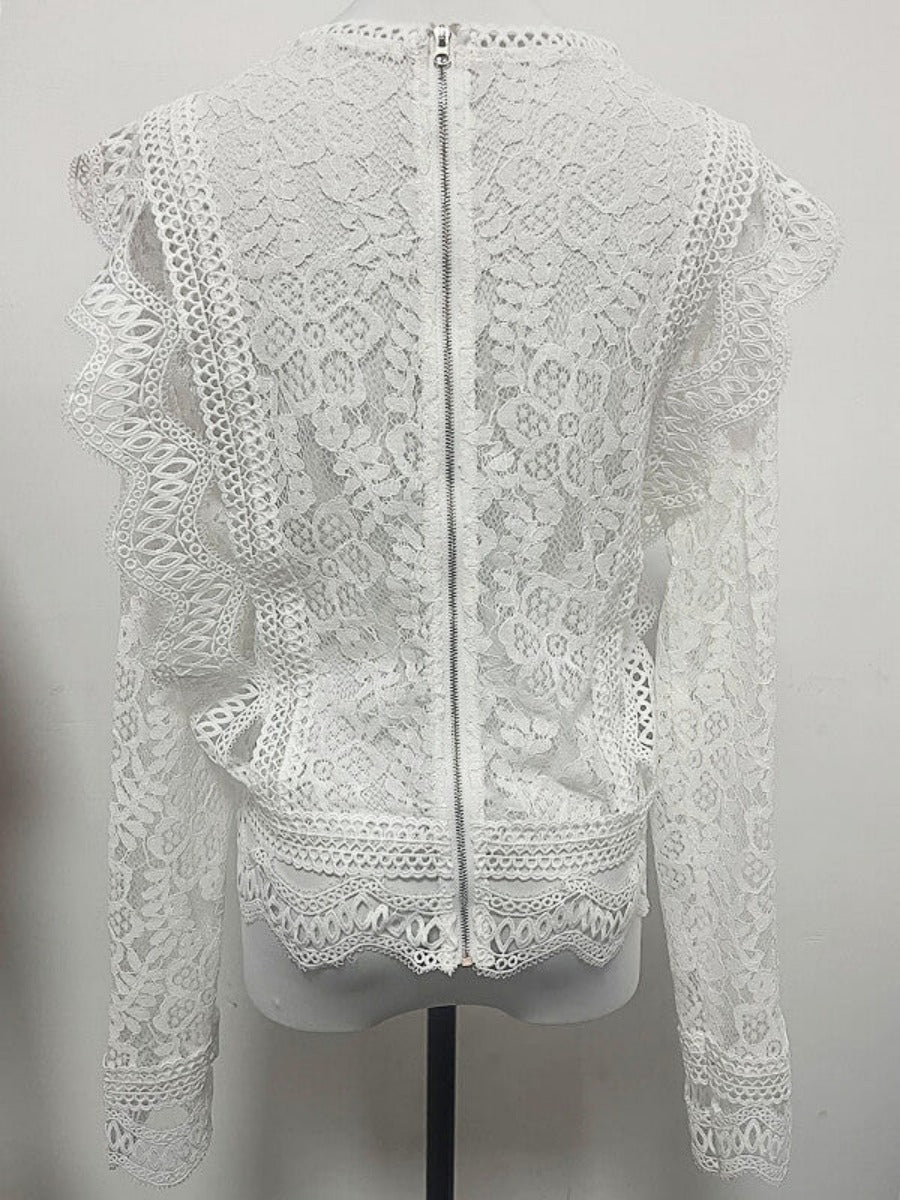 Onbely hauts broderie anglaise avec fermeture éclair col rond élégant femme