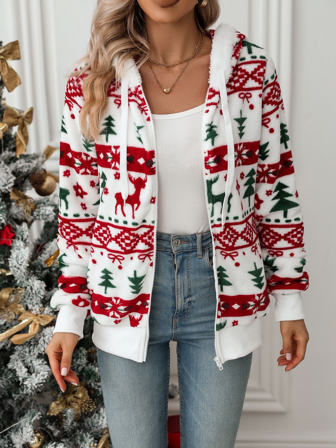 Veste à capuche zippée avec cordon et motifs de Noël