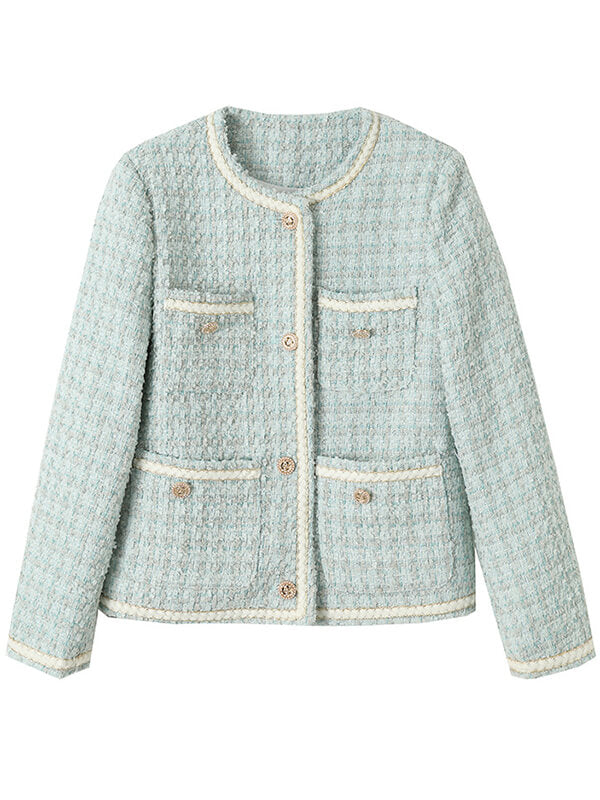 Onbely veste courte en tweed boutonnage avec poches femme élégant bleu