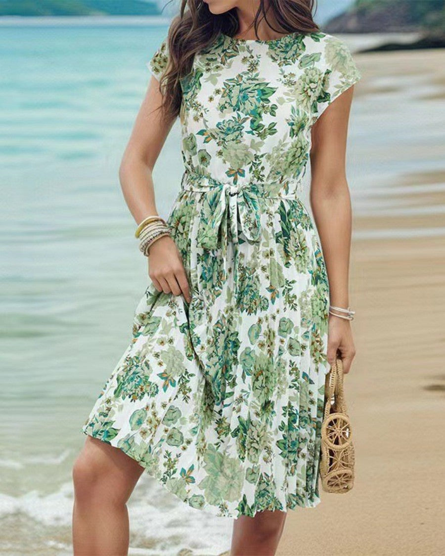 Onbely mi-longue robe trapèze imprimé à fleurie col rond manches courtes taille marquée mode vacances plage