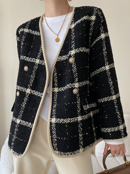 Onbely veste en tweed doublure matelassée carreaux double boutonnage femme