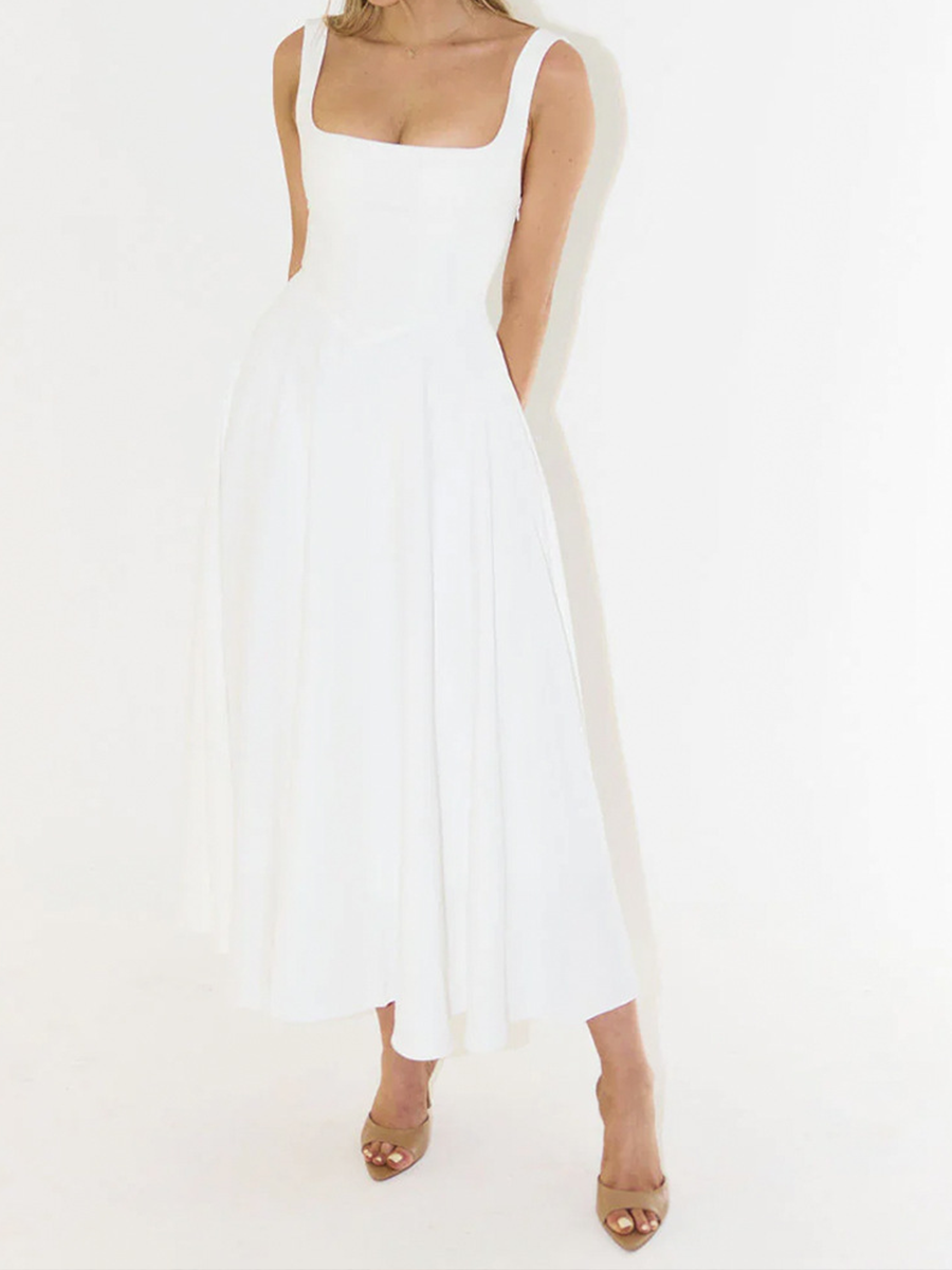 Onbely Robe Midi trapèze col carré simple Élégant Cocktail
