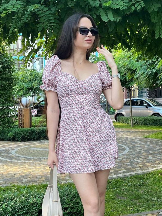 Onbely robe courte trapèze fleurs dos nu col carré manches bouffantes manches courtes taille marquée doux tous les jours vacances