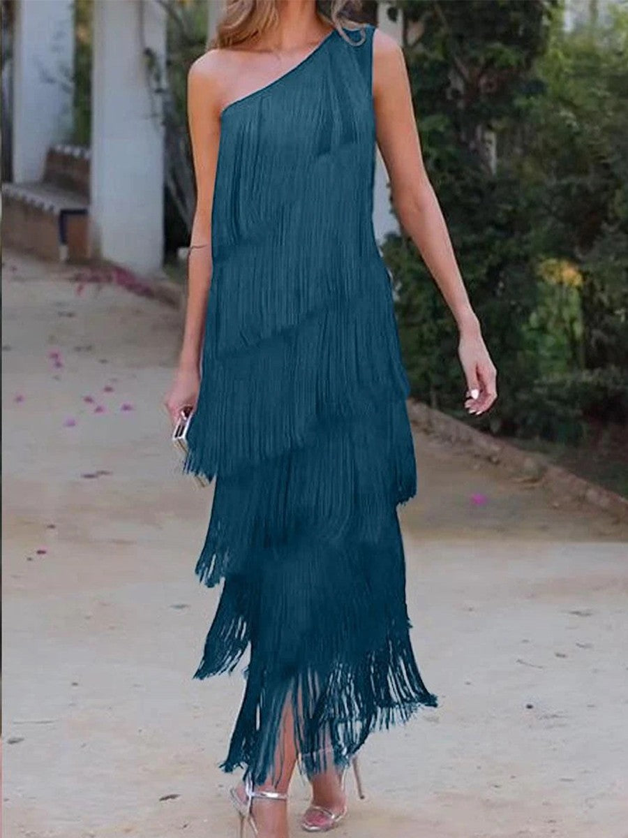 Onbely mi-longue robe unicolore une épaule col asymétrique mode élégant tous les jours bureau