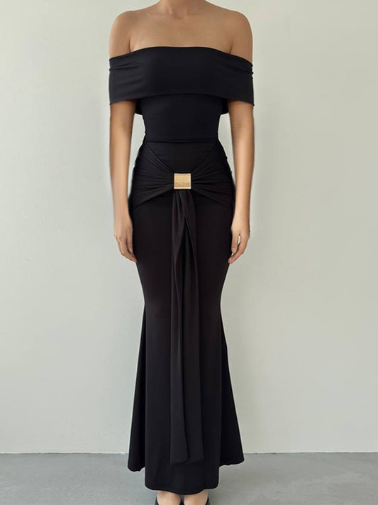 Onbely robe de soirée longue moulante col bateau cintrée élégant mode bal de promo