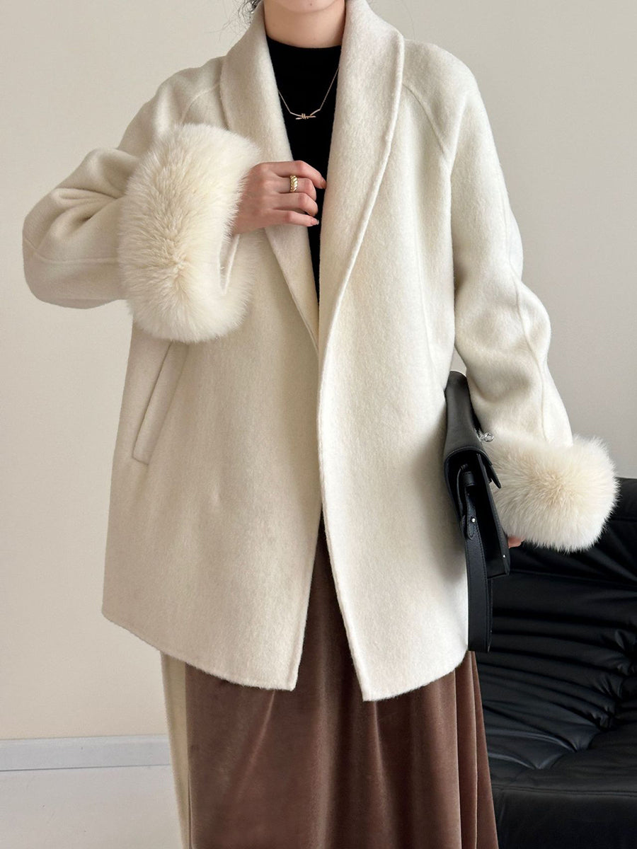 Onbely manteau en laine courte fausse fourrure avec ceinture pour femme