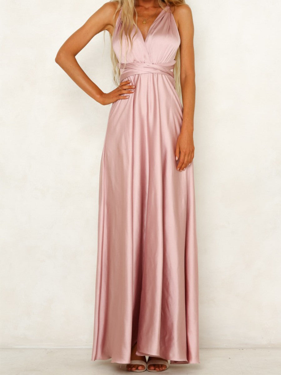 Onbely robe de soirée longue unicolore dos nu col en V licou/ras-du-cou taille élastique élégant invité mariage bal de promo