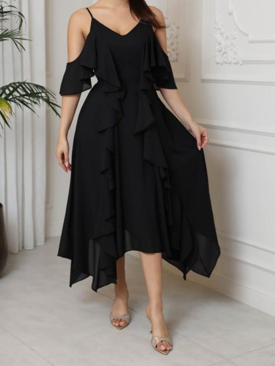 Onbely mi-longue robe irrégulière unicolore à fines brides col en V mode
