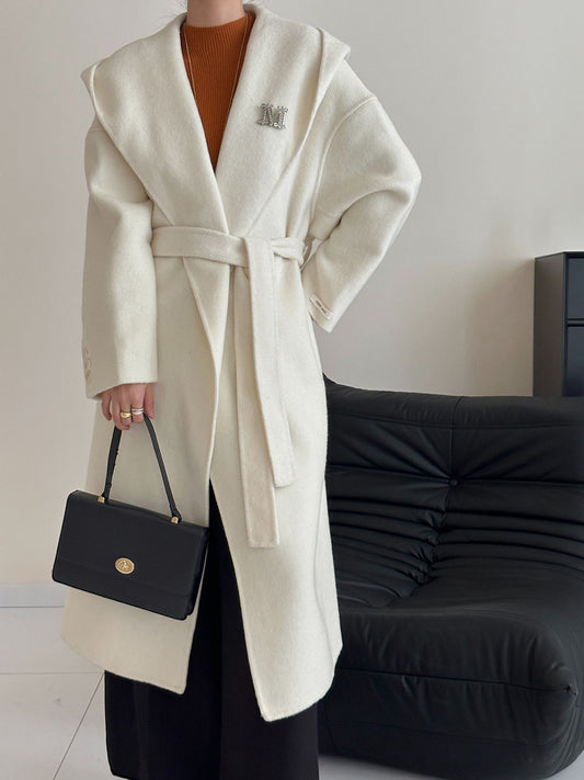 Onbely manteau en laine longue avec poches ceinture à capuche pour femme