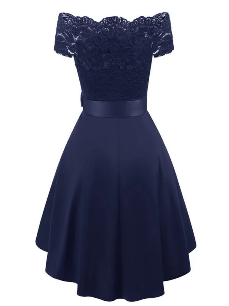 Onbely Robe Midi Vintage en Dentelle Ceinturée à Manches Courtes Cocktail
