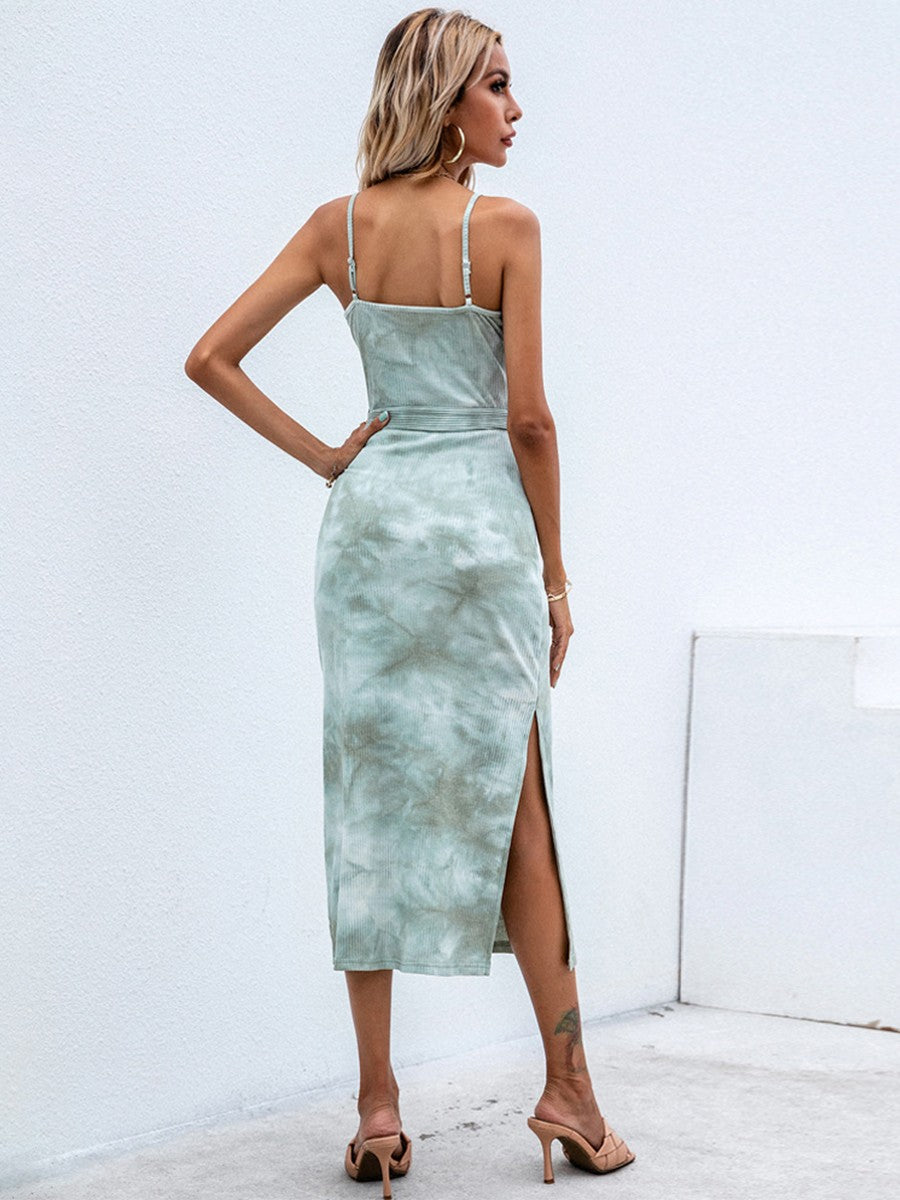 Onbely mi-longue robe coton fendu le côté dos nu à fines brides mode vacances plage