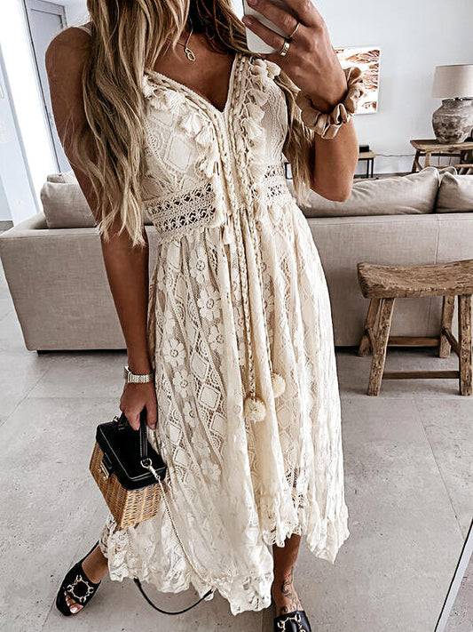 Onbely long bohemian dress with embroidery and pompoms short front and long back boho dress