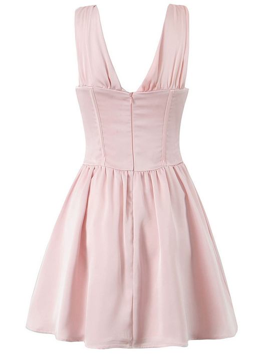 Onbely Robe Courte noeud papillon V-col Sans Manches doux Rose