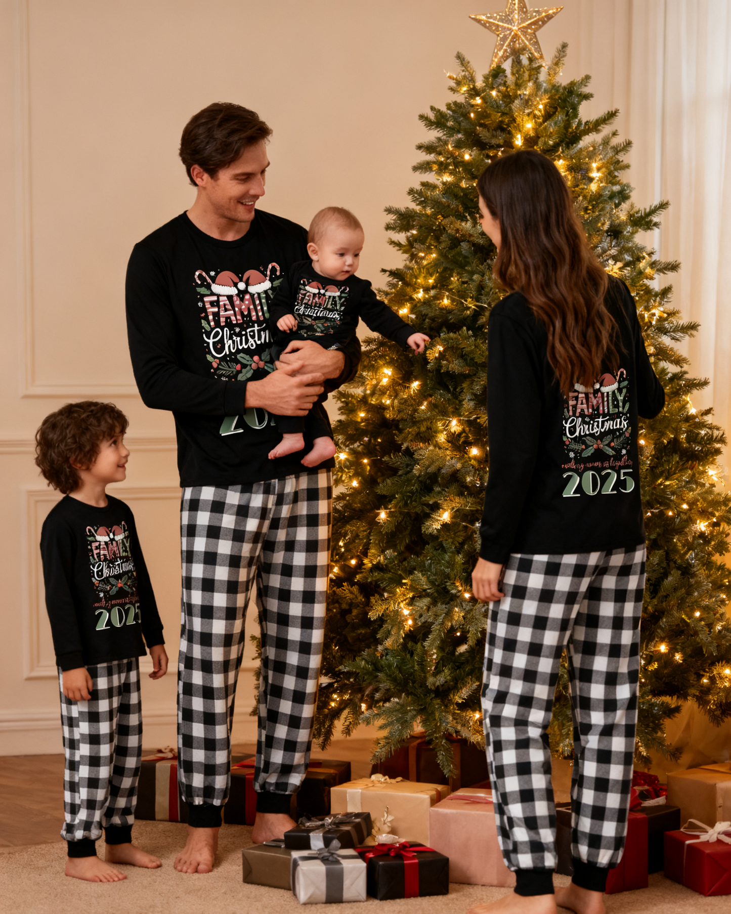 MEMORIES - Pyjamas de Noël familiaux à carreaux noirs et blancs