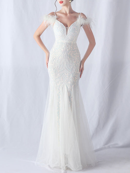 Onbely robe de soirée maxi longue en paillettes brillantes avec plumes pour un mariage femme cérémonie