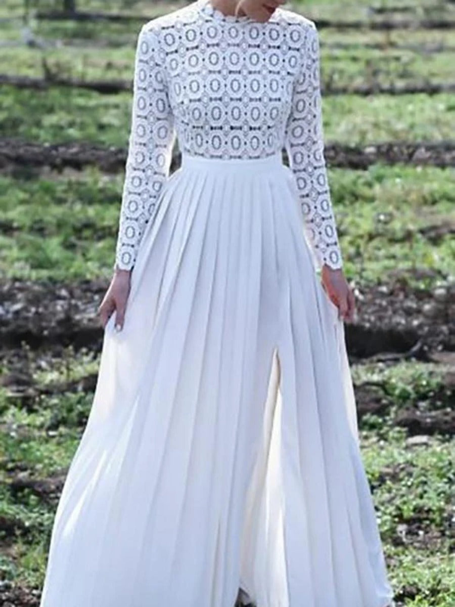Onbely robe de soirée longue unicolore dentelle fendu le côté col rond manches longues froncée élégant bal de promo cérémonie