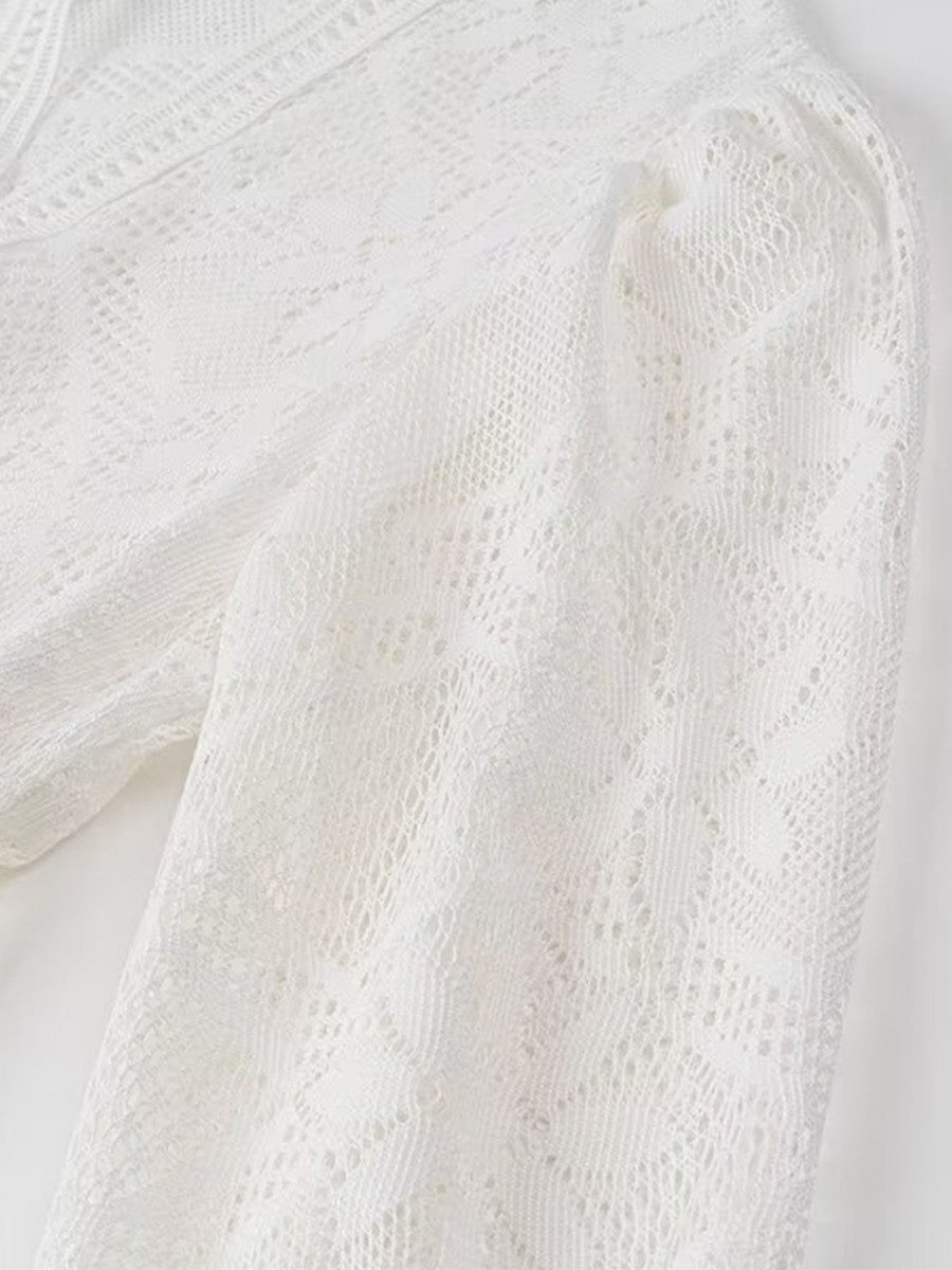 Onbely robe mi-longue dentelle coulisse taille col en V manches longues bohème blanc