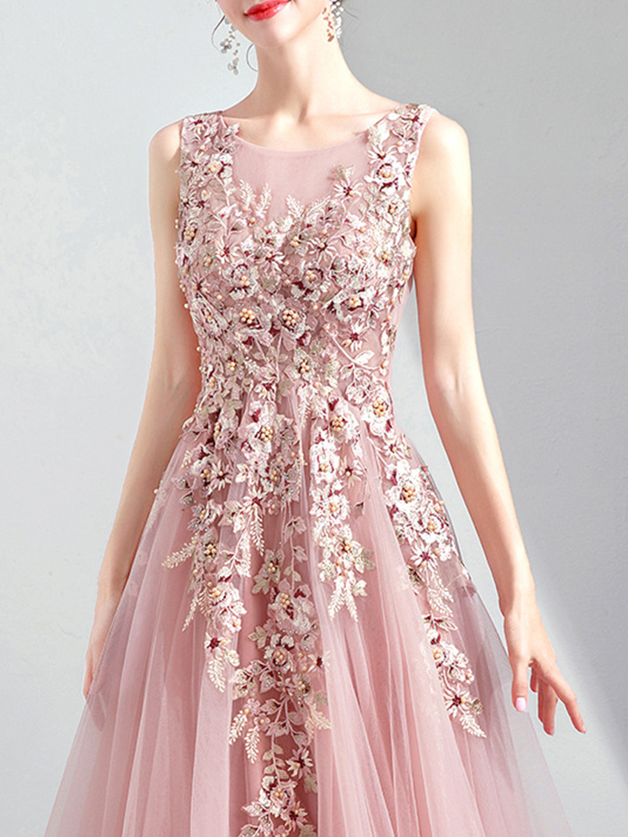 Onbely robe maxi longue de soirée brodée élégant rose - onbely
