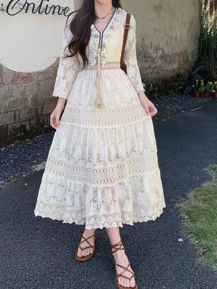 Onbely robe longue bohème à broderie anglaise avec pompons et manches évasées pour plage et vacances