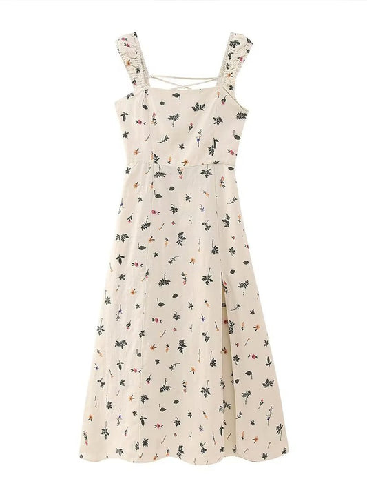 Onbely mi-longue robe fendu le côté lin brodée dos nu bretelle col carré décontracté