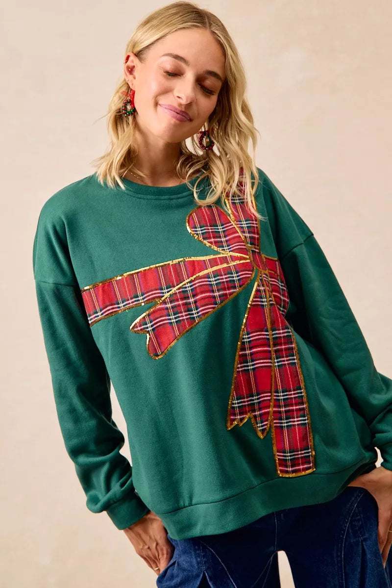 Sweat de Noël en polaire à ruban écossais et nœud décoratif