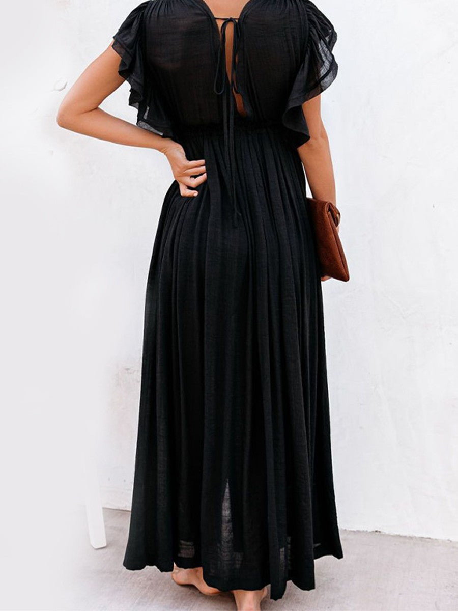 Onbely robe longue décolleté plongeant volants superposés manches courtes coulisse taille hawaienne vacances plage Protection solaire