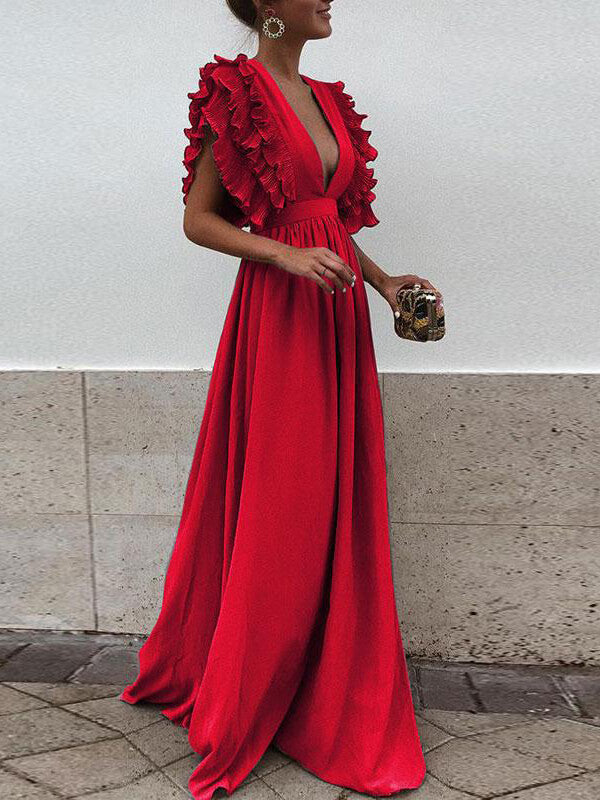Onbely Robe de soirée longue et maxi à volants décolleté plongeant pour un mariage