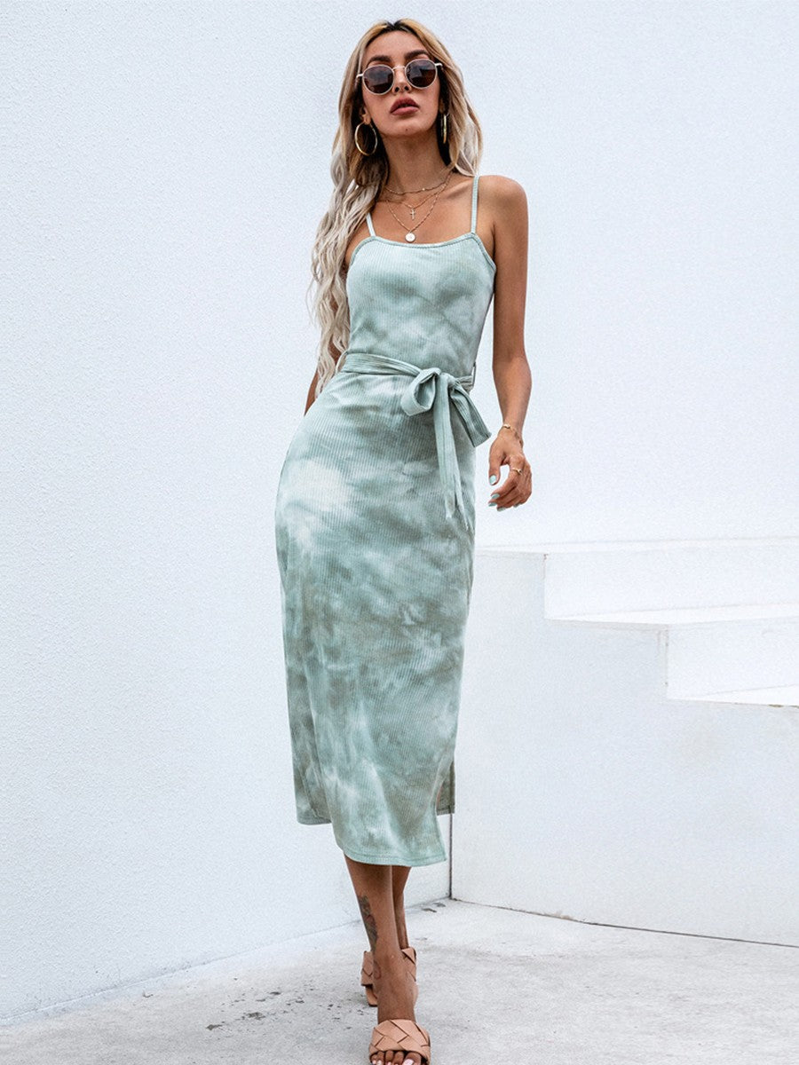 Onbely mi-longue robe coton fendu le côté dos nu à fines brides mode vacances plage