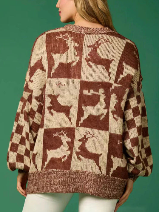 Pull de Noël tricoté à motif d’élan, style décontracté