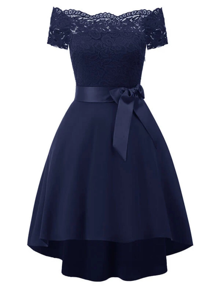 Onbely Robe Midi Vintage en Dentelle Ceinturée à Manches Courtes Cocktail
