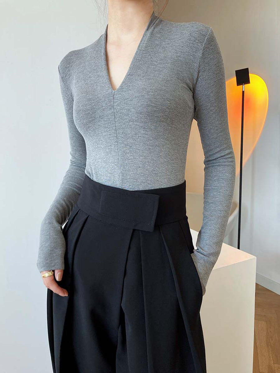 Onbely haut tricot côtelé Col en V manches longues femme