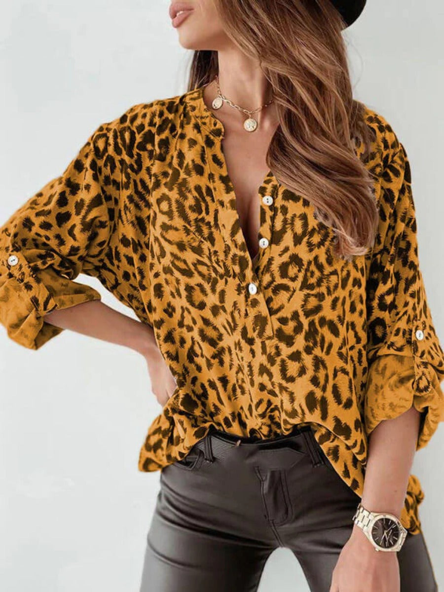 Onbely chemisier léopard boutonnage col montant manches longues femme casual blouse
