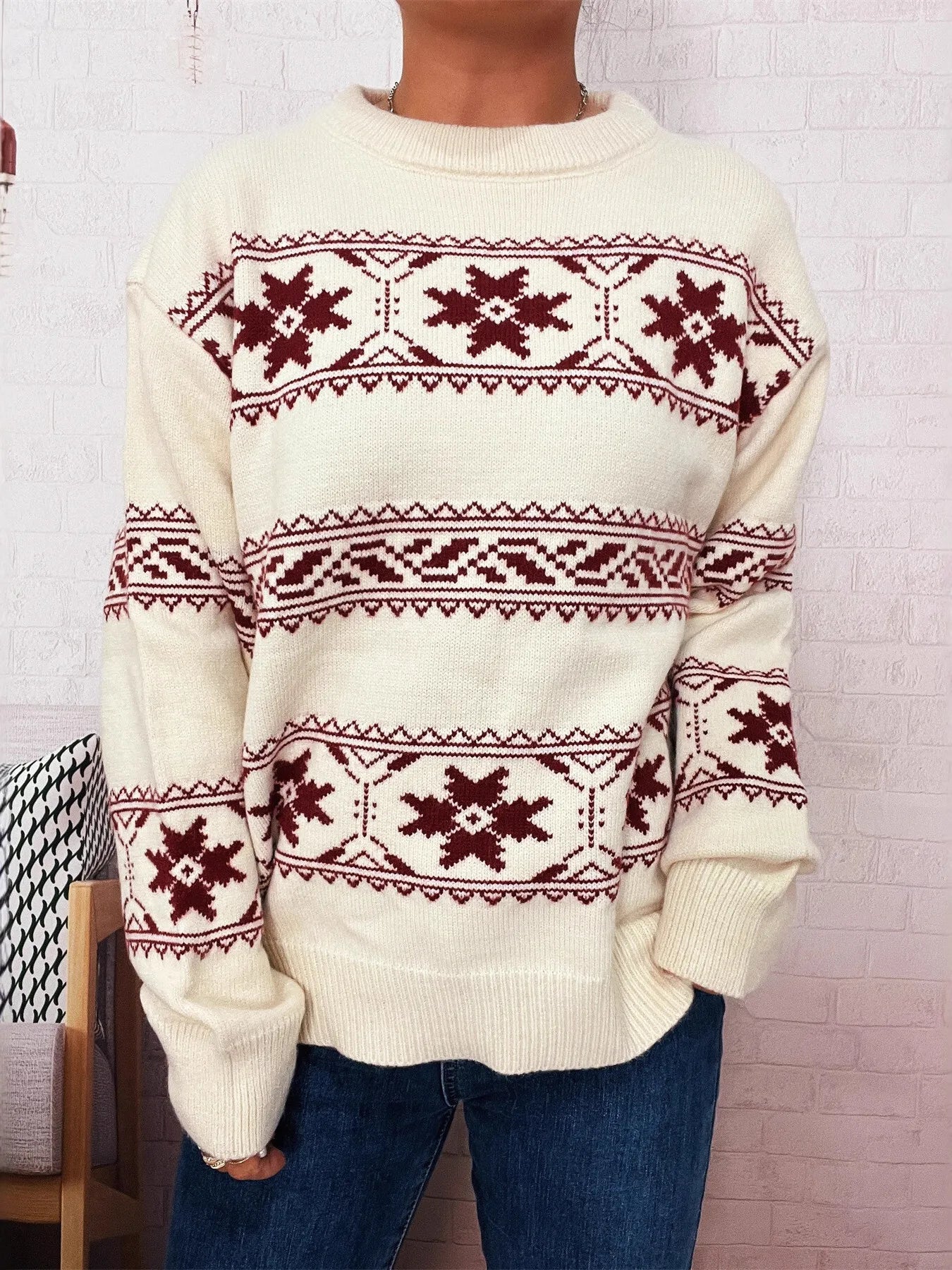 Pull de Noël à col rond motif flocon de neige